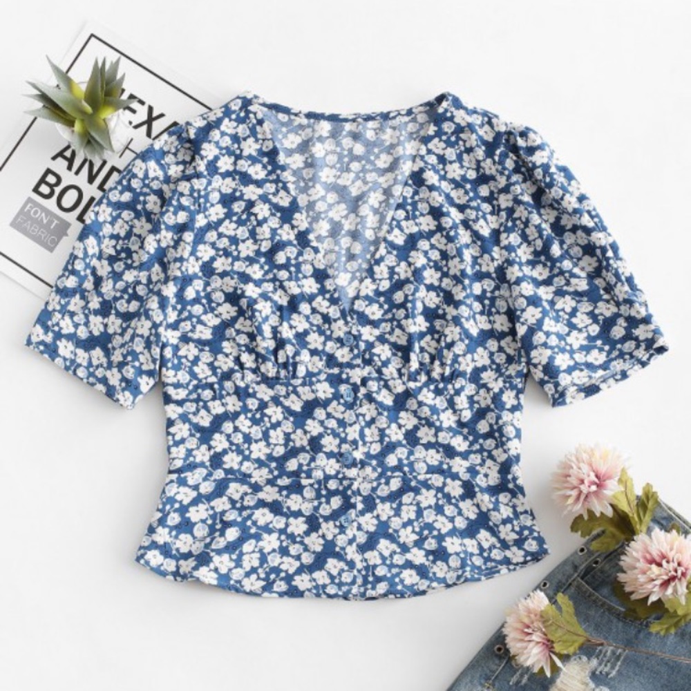 Blue Button-Up Floral Blouse